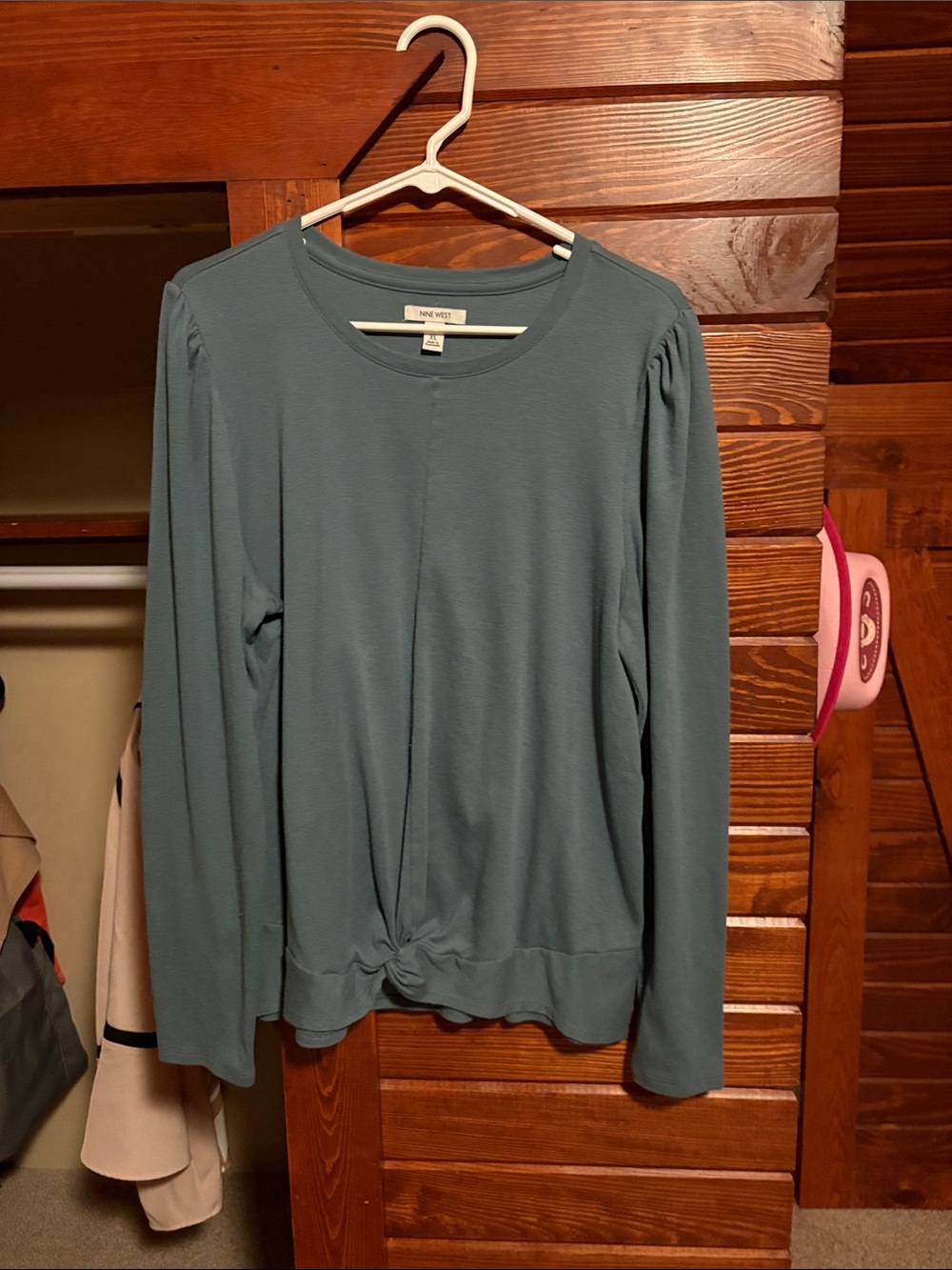 Nine West Dusty Teal Long Sleeve Knot Hem Top